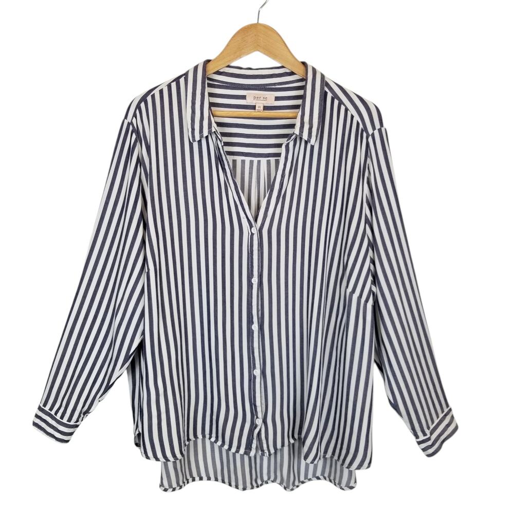 Per Se Women's Rayon Striped Casual Roll Tab Sleeve Button Up V-Neck Shirt 3X